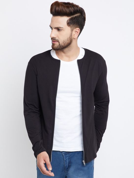 Men's Black Color Cotton Long Sleeves Round Neck Zipper T-shirt