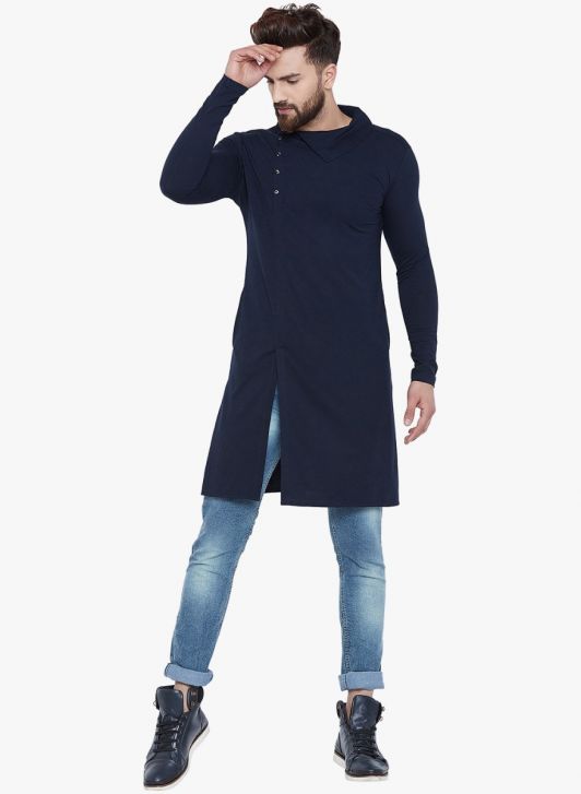Men Navy Blue Knitted Design Knee Length Straight Kurta