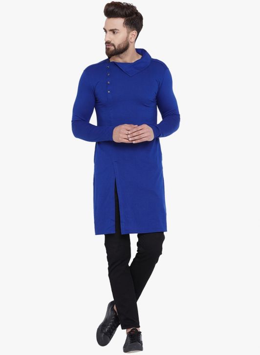 Men Royal Blue Knitted Design Knee Length Straight Kurta