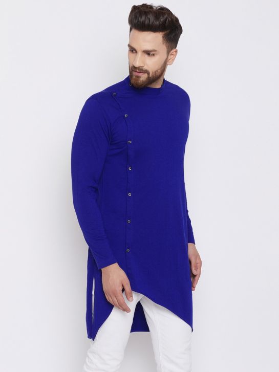 Men's Royal Blue Color Cotton Blend Asymmetrical Kurta