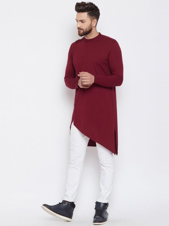 Men's Maroon Color Cotton Blend Asymmetrical Kurta