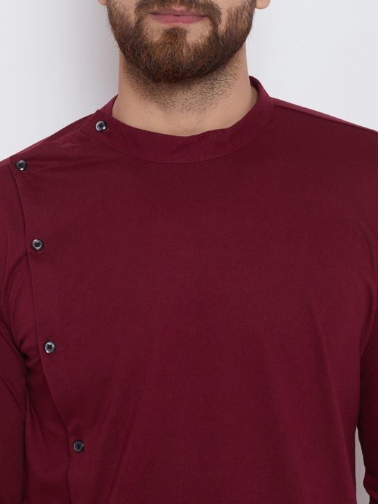 Men's Maroon Color Cotton Blend Asymmetrical Kurta