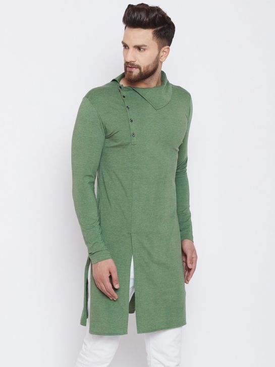 Men Green Knitted Design Knee Length Straight Kurta