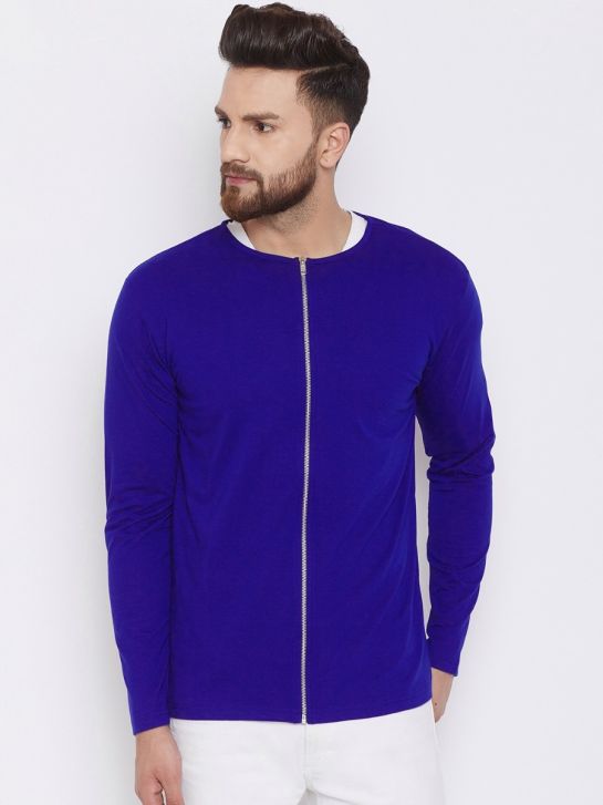 Men's Blue Color Cotton Long Sleeves Round Neck Zipper T-shirt | Tee