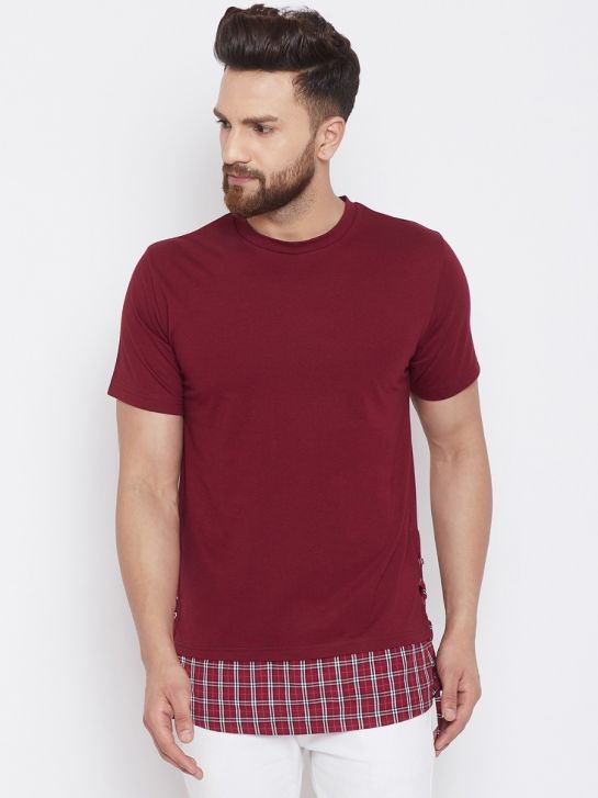 Men's Maroon Color Cotton Short Sleeves Round Neck T-shirt with checked Hemline