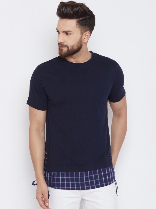 Men's Navy Blue Color Cotton Short Sleeves Round Neck T-shirt with checked Hemline