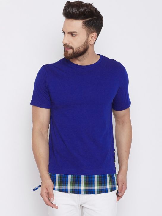 Men's Blue Color Cotton Short Sleeves Round Neck T-shirt with checked Hemline