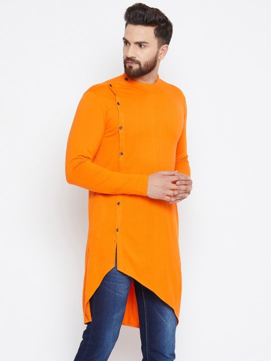 Men's Orange Cotton Knitted Asymmetrical Kurta