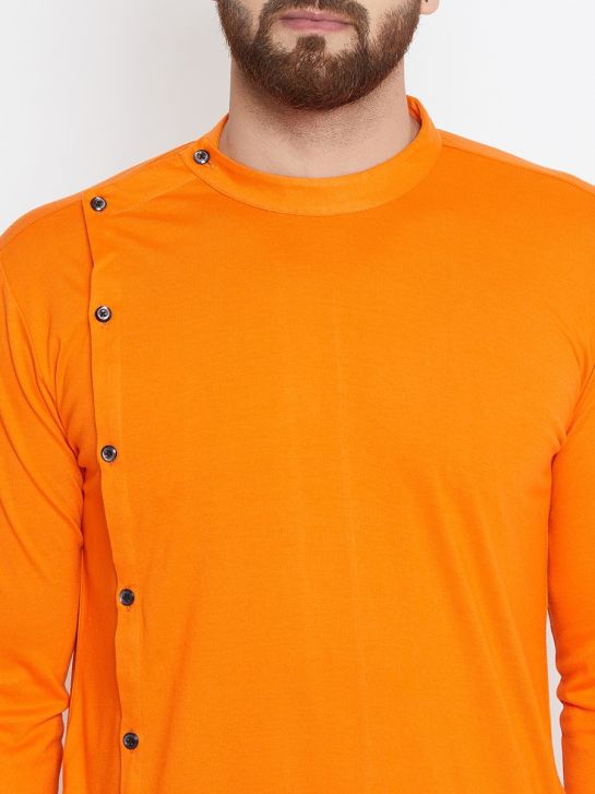 Men's Orange Cotton Knitted Asymmetrical Kurta