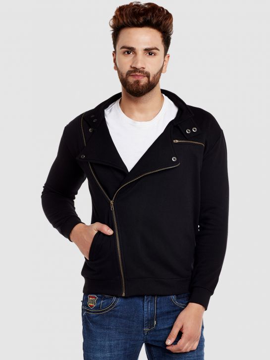 Men's Black Cotton Blend Fleece Jackets