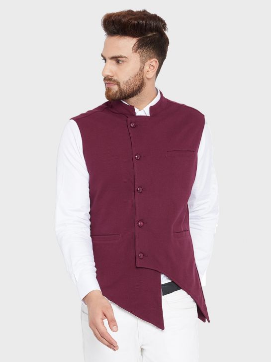 Men's Maroon Cotton Knitted Asymmetrical Waistcoat