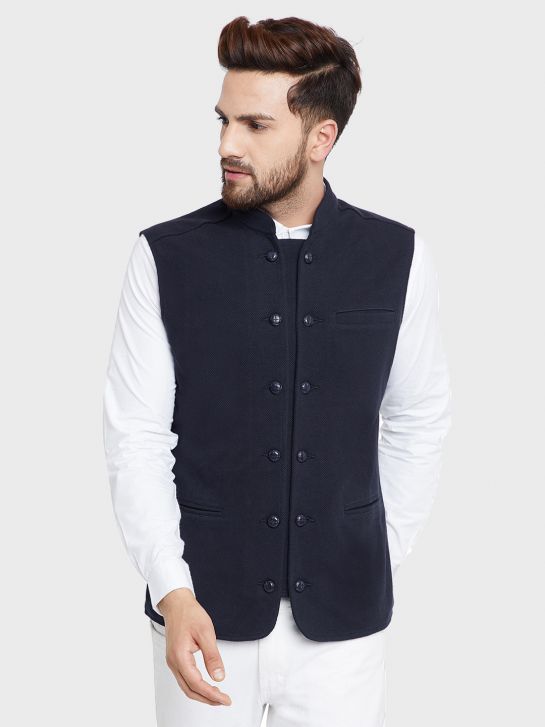 Men's Navy Blue Double Breast Cotton Knitted Waistcoat