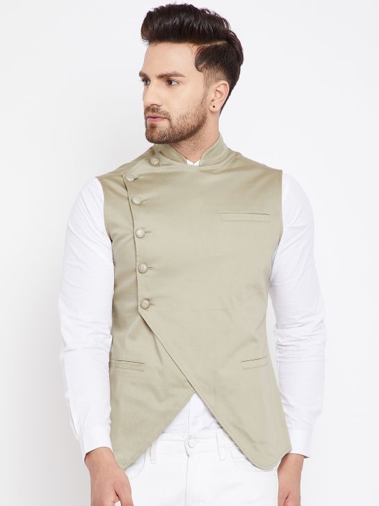 Men's Beige Cotton Waistcoat(HYPM02262)
