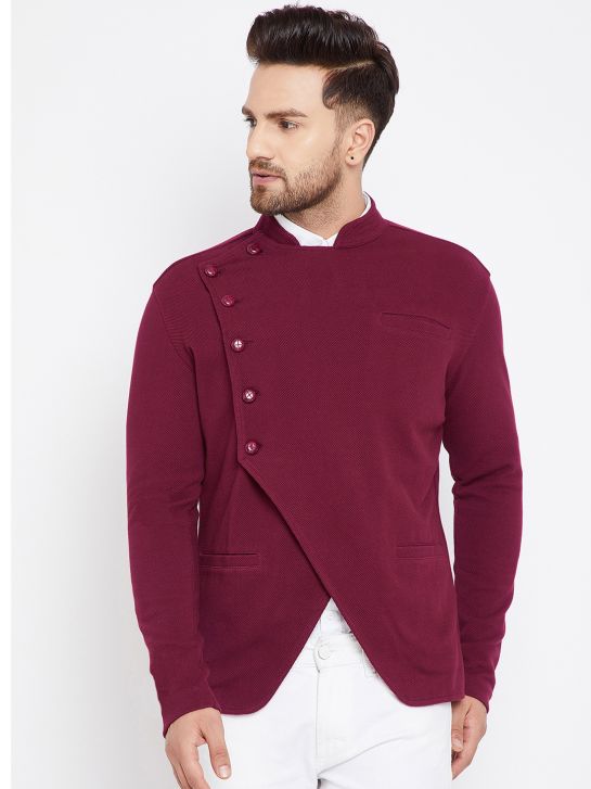 Men's Maroon Side Button Cotton Coat(HYPM02268)