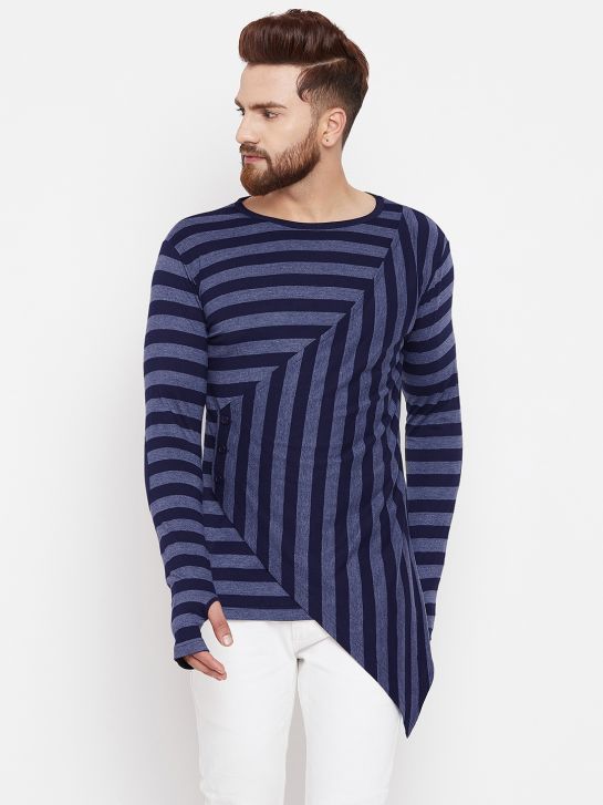 Men's Blue and Grey Stripe Cotton Blend T-Shirt(HYPM02326)