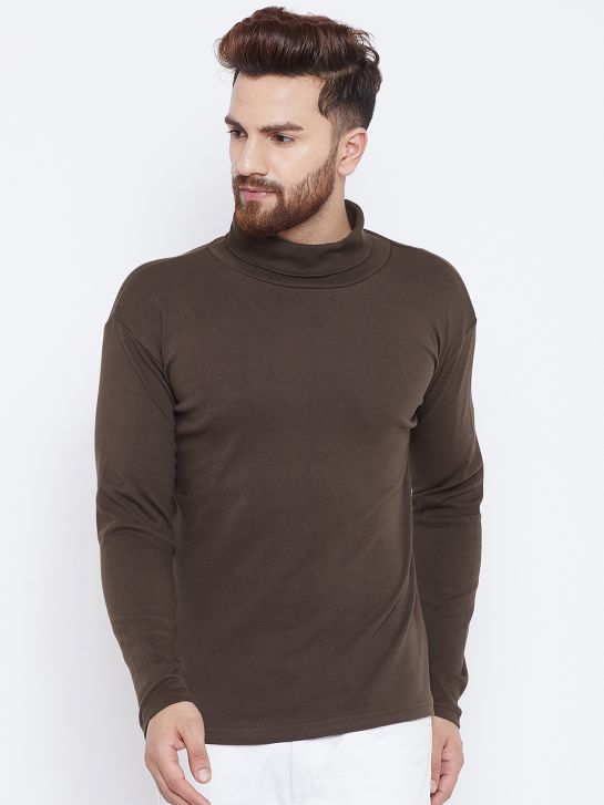 Men's Brown Cotton High Neck T-Shirt(HYPM02400)