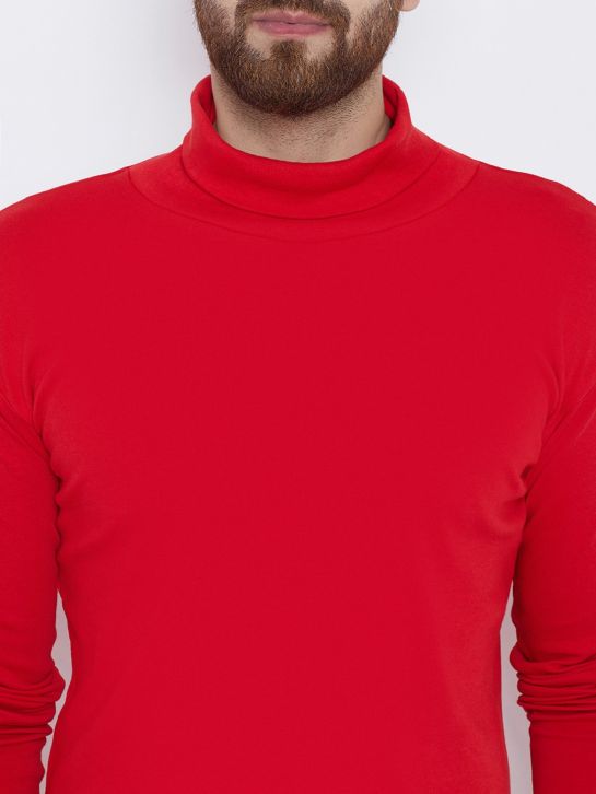 Men's Red Cotton High Neck T-shirt