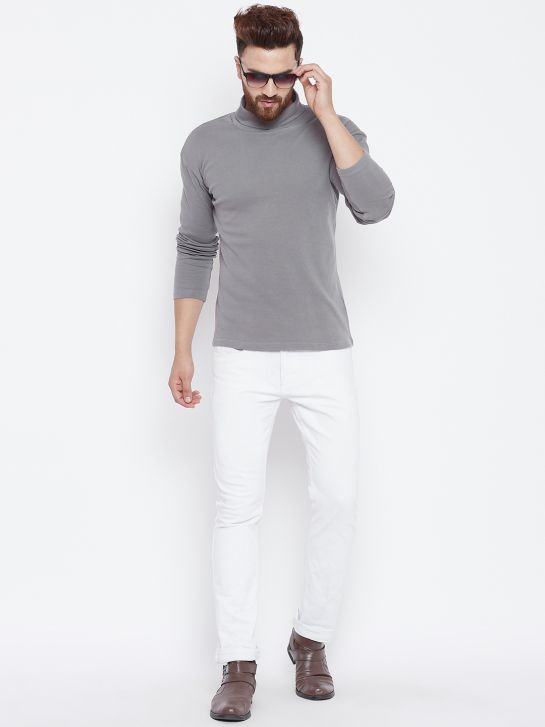 Men's Grey Cotton High Neck T-shirt