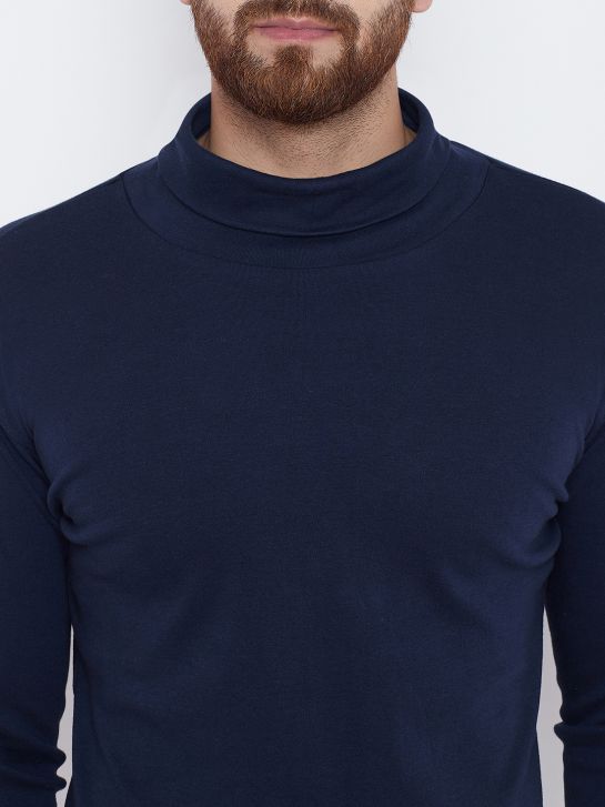 Men's Navy Blue Cotton High Neck T-shirt