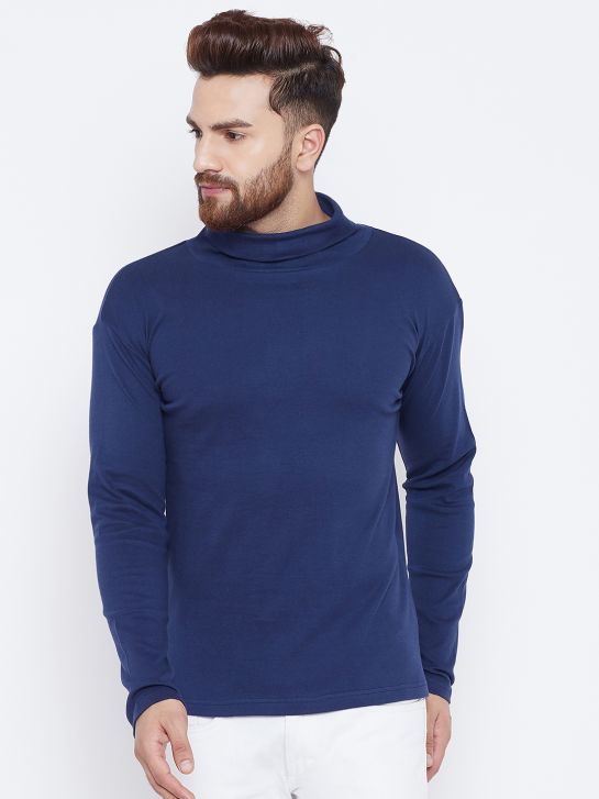 Men's Blue Cotton High Neck T-shirt