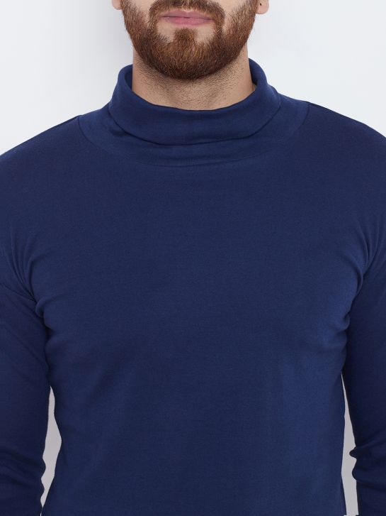 Men's Blue Cotton High Neck T-shirt