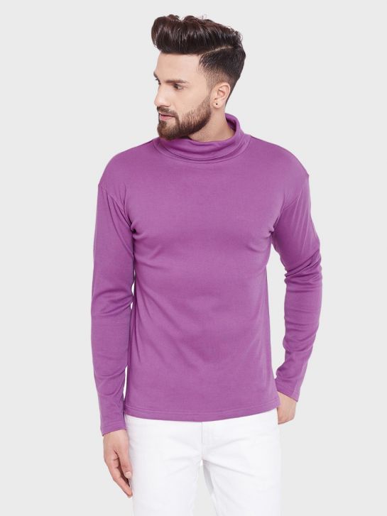 Men's Purple Cotton High Neck T-shirt