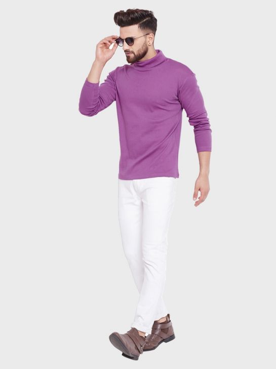 Men's Purple Cotton High Neck T-shirt