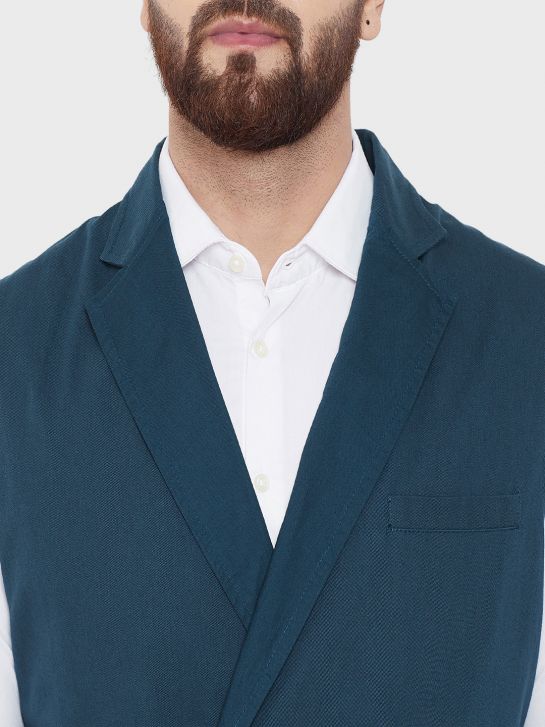 Men's Teal Blue Cotton Stripe Waistcoat