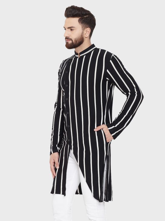 Men's Black and Ecru Cotton Knitted Stripe Kurta
