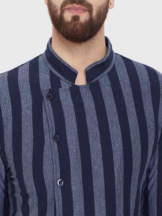 Men's Blue and Grey Cotton Blend Knitted Stripe Kurta