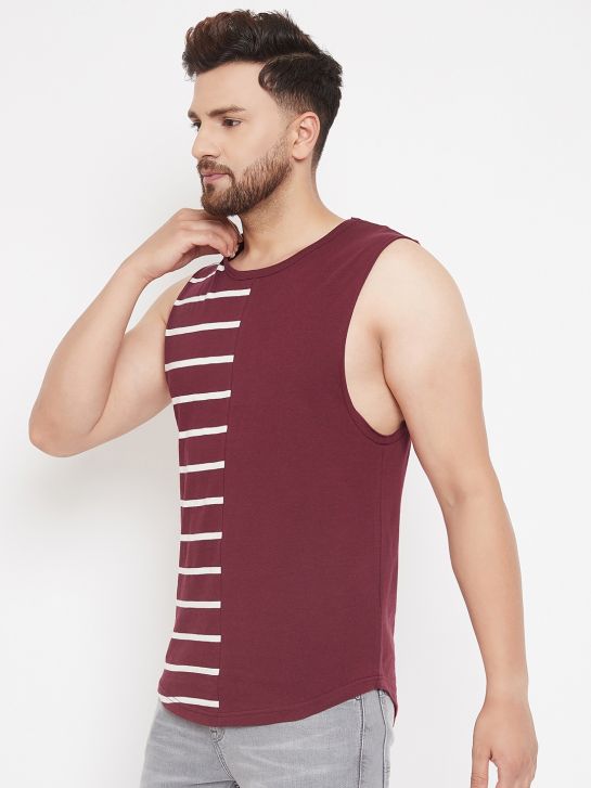 Men's Maroon and Ecru Cotton Stripe Muscle T-Shirts
