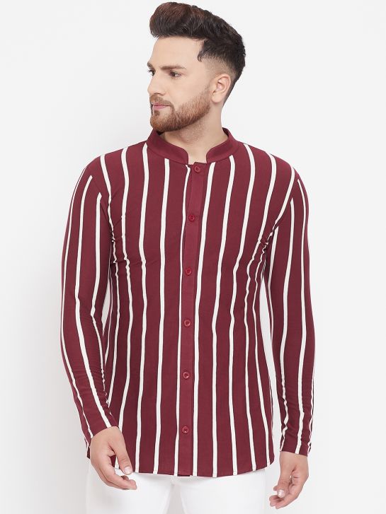 Men's Maroon and Ecru Cotton Stripe Shirt