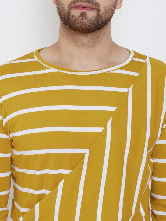 Men's Yellow Ecru Stripe Cotton Overlap T-Shirt