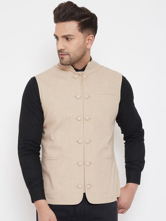 Men's Beige Cotton  Waistcoat