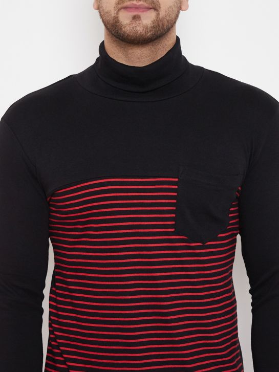 Men's Red and Black Stripe High Neck T-Shirt