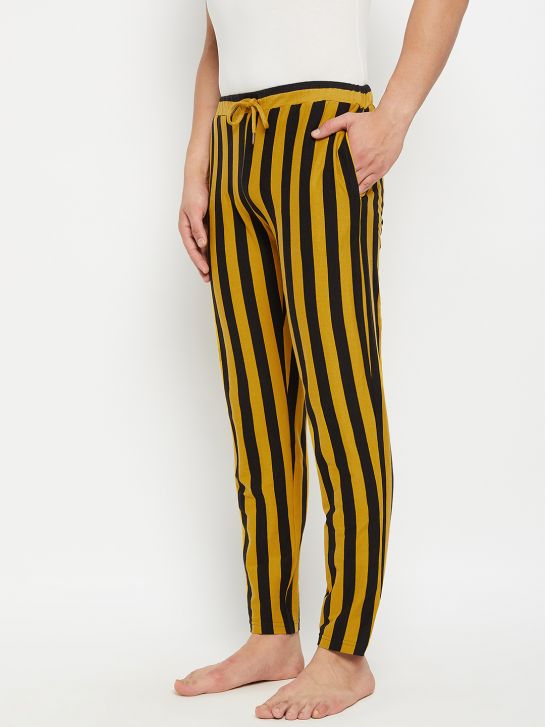 Men's Yellow and Black Stripe Cotton Knitted Pyjama