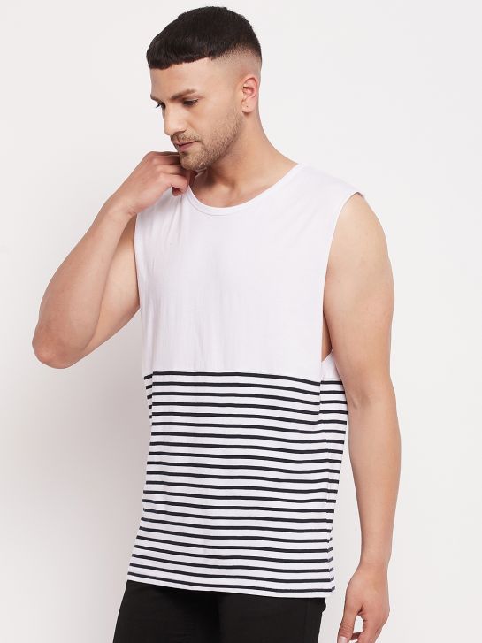 Men's White and Navy Stripe Cotton Muscle T-shirt