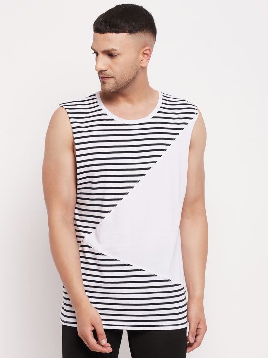 Men's White and Navy Stripe Cotton Muscle T-shirt(3509)