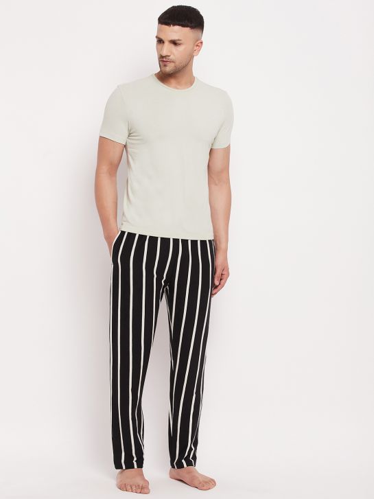 Men's Black and Ecru Stripe Cotton Knitted Pajama
