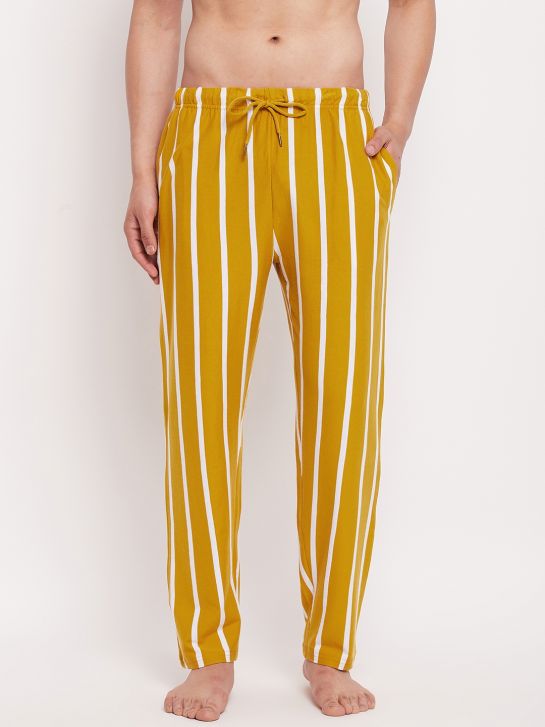 Men's Yellow and Ecru Stripe Cotton Knitted Pajama