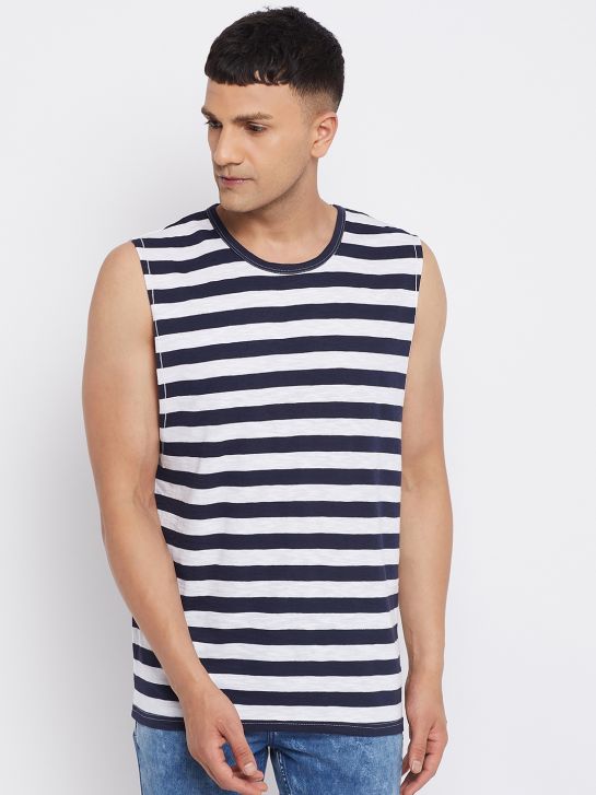 Men's White and Blue Stripe Cotton Muscle T-shirt