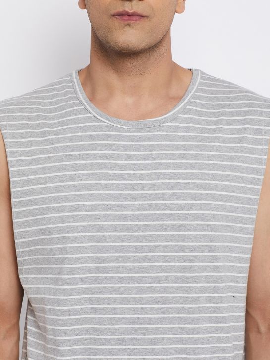 Men's Grey and White Stripe Cotton Muscle T-shirt