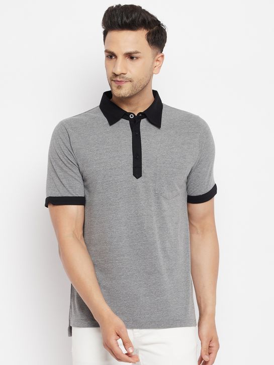 Men's Grey Cotton Polo T-shirt(HYPM03565)