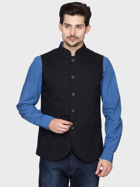 Men's Black Cotton Waistcoat (HYPM0466)