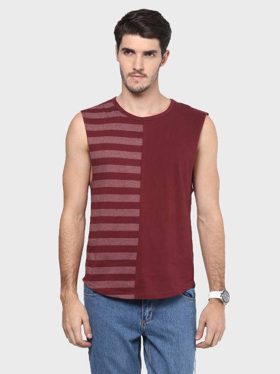 Men's Maroon Stripe Cotton Muscle T-shirt(739)