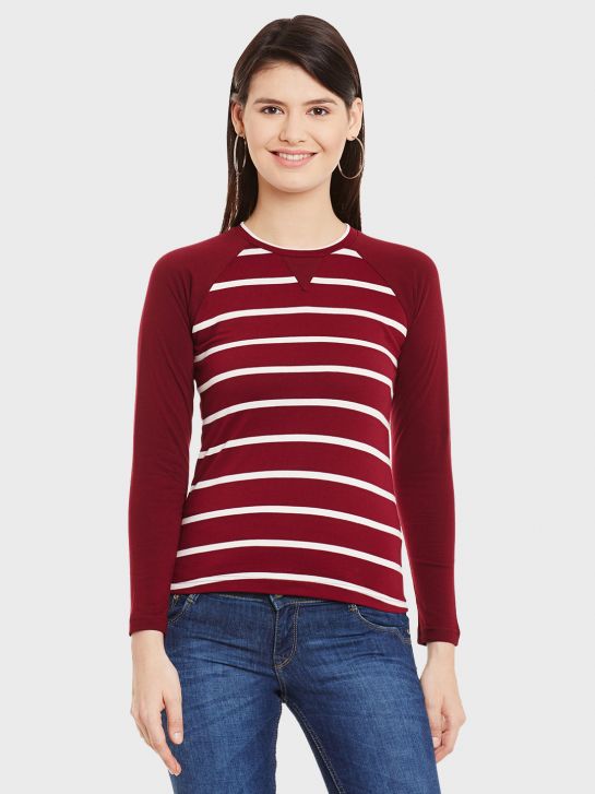 Women's Maroon Stripe T-shirt(1096)