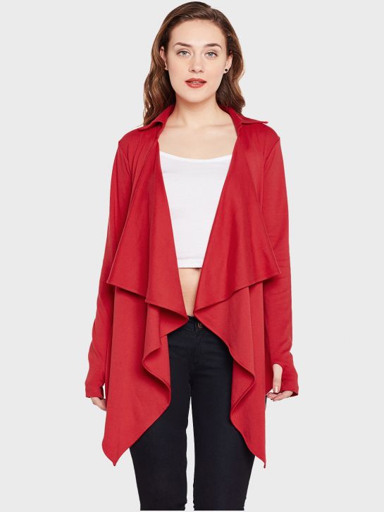Women's Red Solid Open Front Shrug
