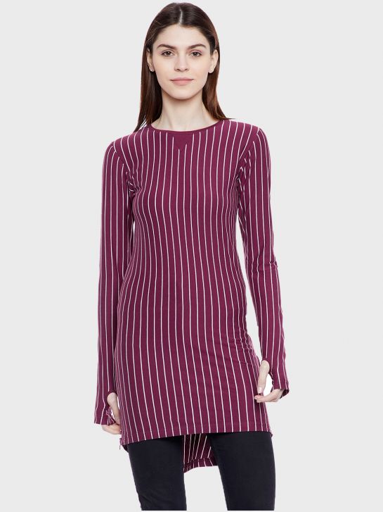 Women's Purple and White Stripe Cotton Knitted T-shirt(2017)