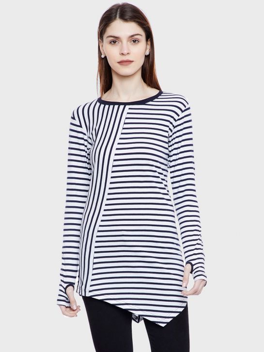 Women's White and Navy Blue Stripe Cotton Knitted T-shirt(2026)