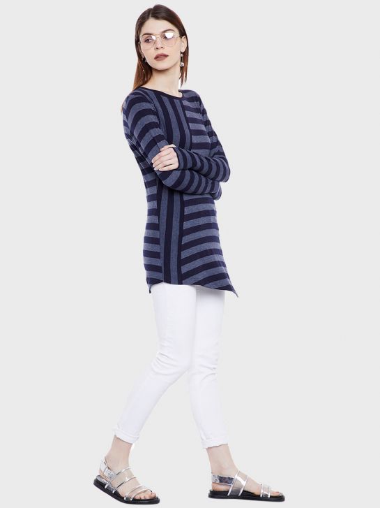 Women's Blue and Grey Stripe Cotton Knitted T-shirt